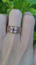 Load and play video in Gallery viewer, A8124: Vintage: 9ct Gold Rubies Diamonds Geometric Set Band- openwork design- superb
