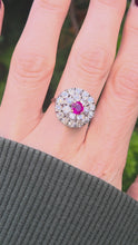 Load and play video in Gallery viewer, 2137 Vintage; 18ct White Gold Ruby Natural Sparkling Diamonds (2.75ct) Cluster Ring- Extraordinary
