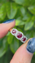 Cargar y reproducir el video en el visor de la galería, Vintage: 9ct Gold Rubies Trilogy 38 Natural Diamonds Dress Ring
