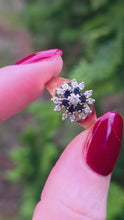 Load and play video in Gallery viewer, 0346: Vintage: 18ct Gold French Blue Sapphires Diamonds Flower Head Ring-From 1960's
