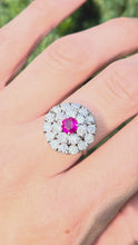Cargar y reproducir el video en el visor de la galería, 2137 Vintage; 18ct White Gold Ruby Natural Sparkling Diamonds (2.75ct) Cluster Ring- Extraordinary
