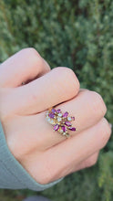 Cargar y reproducir el video en el visor de la galería, 2453 Vintage: 14ct Gold Rubies Diamonds Floral Cluster Ring- From 1972

