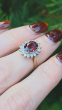 Load and play video in Gallery viewer, 6354  Vintage: 18ct Gold Pyrobe Garnet Diamonds Flower Head Ring- exceptional

