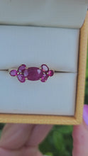 Load and play video in Gallery viewer, 1291: Vintage: 9ct Gold 7 Raspberry Rubies Geometric Set Dress Ring- lovely symmetry
