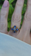 Load and play video in Gallery viewer, 8311: Vintage: Ornate 9ct Gold Geometric Set Sapphires Ring- Date Mark 1975
