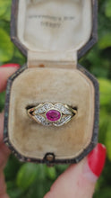 Cargar y reproducir el video en el visor de la galería, 0740: Vintage: 9ct Gold Ruby 12 Diamonds Dress Ring -curvaceous, sparkling
