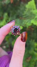 Load and play video in Gallery viewer, 6298 Vintage: 9ct Gold 11 Rich Red Garnets Cluster Ring- From 1968
