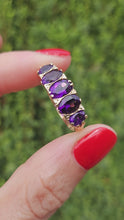 Load and play video in Gallery viewer, 1588: Vintage: 9ct Gold 5 Rich Purple Amethysts Ring- From 1979
