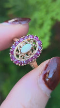 Load and play video in Gallery viewer, 0987: Vintage 16 Garnets Cabochon White Opal Openwork Ring
