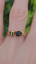 Load and play video in Gallery viewer, 1035: Vintage: 9ct Gold Princess Cut Green Garnet Solitaire Ring- gorgeous colour
