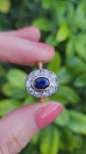 Load and play video in Gallery viewer, 9056: Vintage Old: 18ct Gold French Blue Sapphire Diamonds Cluster Ring
