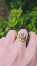 Load and play video in Gallery viewer, 2681: Vintage 9ct Gold Turquoises Seed Pearls Open Work Cocktail Ring- From 1967
