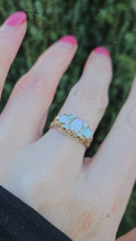 Load and play video in Gallery viewer, 0849:Vintage: 9ct Cabochon White Opals Trilogy Sapphires Dress Ring
