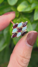 Load and play video in Gallery viewer, 2244: Vintage:18ct Gold 9 Opals 14 Garnets Geometric Cocktail Ring- Marvellous
