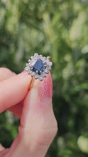 Cargar y reproducir el video en el visor de la galería, 6084 Vintage: 18ct Gold Princess Cut Blue Sapphire 16 Diamonds Square Set Ring- Hallmarked London 1968
