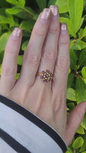 Load and play video in Gallery viewer, 7476: Vintage; 18ct Gold 7 Rubies Floral Cluster Cocktail Ring- geometric set
