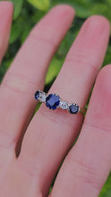 Load and play video in Gallery viewer, 0480: Vintage: 18ct Gold Cornflower Blue Sapphires Trilogy Diamonds Ring- Exquisite
