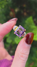 Load and play video in Gallery viewer, 6337 Vintage: 9ct Gold Large Emerald Cut Amethyst Glacier Topaz Cocktail Ring

