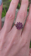 Load and play video in Gallery viewer, 6438: Vintage; 9ct Gold 21 Rubies Flower Head Cocktail Ring- From 1979
