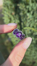 Load and play video in Gallery viewer, 6196: Vintage: 9ct Gold Purple Amethysts 28 Diamonds Halos Dress Ring
