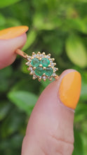 Load and play video in Gallery viewer, 1888L Vintage: 18ct Gold Emeralds &nbsp;16 Diamonds Cluster Ring- Geometric beauty

