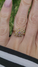 Load and play video in Gallery viewer, 8259: Vintage; 9ct Gold Pink Sapphires Diamonds Flower Head Cocktail Ring
