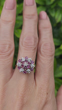 Load and play video in Gallery viewer, 8219: Vintage: 9ct Gold 12 Rubies 7 Diamonds Large Flower Head Cluster Ring
