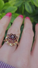 Load and play video in Gallery viewer, 0938: Vintage: 9ct Gold Rich Red Garnets Floral Custer Ring- Pre-1975- Flower power
