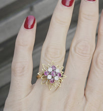 Load and play video in Gallery viewer, 2561: Vintage 18ct Gold Rubies Diamonds Sunburst Openwork Cocktail Ring

