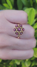 Load and play video in Gallery viewer, 7476: Vintage; 18ct Gold 7 Rubies Floral Cluster Cocktail Ring- geometric set
