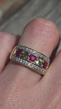 Load and play video in Gallery viewer, 3009 Vintage: 9ct Gold Rubies, Green Sapphires, Diamonds Precious Gemstones Ring
