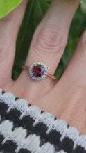 Load and play video in Gallery viewer, A8015: Vintage (1962) 18ct Gold Almandine Garnet 12 Round Cut Diamonds Daisy Ring- 62 years old and looking great
