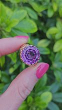 Load and play video in Gallery viewer, 0487:Vintage: 9ct Gold Round Cut Large Amethyst Statement Ring- fabulous round cut stone
