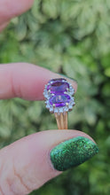 Load and play video in Gallery viewer, 0504: Vintage: 9ct Gold Purple Amethysts 28 Diamonds Halos Dress Ring- elegant
