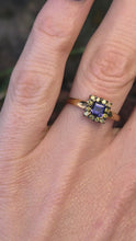 Load and play video in Gallery viewer, 1043: Vintage 9ct Gold Yellow Diamonds Cushion Cut Iolite Dress Ring

