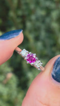 Cargar y reproducir el video en el visor de la galería, 2357: Vintage; 18ct White Gold Ruby Round Full Cut Diamonds 3- Stone Straight Ring- From 1978

