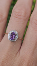 Load and play video in Gallery viewer, 1668: Vintage: 9ct Gold Lilac Amethyst Diamonds Cluster Ring- petite, sparkling, a fine example
