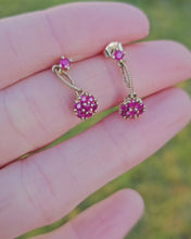 Load and play video in Gallery viewer, 0915: Vintage: 9ct Gold Rubies Cluster Drop/Dangle Stud Earrings- elegant
