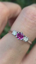 Cargar y reproducir el video en el visor de la galería, 2357: Vintage; 18ct White Gold Ruby Round Full Cut Diamonds 3- Stone Straight Ring- From 1978

