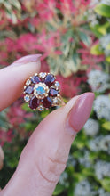 Load and play video in Gallery viewer, 7368-Antique Rare: 14ct Gold Almandine Garnets Water Opals Flowerhead Cluster Ring- outrageous beauty
