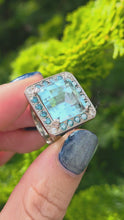 Load and play video in Gallery viewer, VINTAGE; 14ct White Gold Large Emerald Cut Aquamarine (13.9ct) , Blue Diamonds Statement Cocktail Ring
