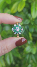 Load and play video in Gallery viewer, 9083:Vintage: 18ct Gold 6 Emeralds 7 Diamonds Flower Head Ring- timeless classic. nice weight, sparkling
