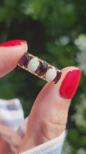 Cargar y reproducir el video en el visor de la galería, 1564: Vintage: 9ct Gold White Opals Red Garnets Dress/Stacker Ring- 1970&#39;s Vintage
