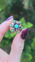 Load and play video in Gallery viewer, 6362 Vintage: 9ct Gold Turquoises Sapphires Cluster Ring- from 1964
