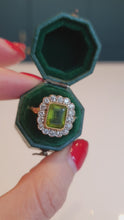 Load and play video in Gallery viewer, 7035:  Exceptional: 18ct Gold Emerald Cut Peridot (2.4ct) Round Brilliant Cut Diamonds (0.80ct) Cocktail Ring - Beuatiful
