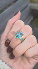 Load and play video in Gallery viewer, 6299 Vintage; 9ct Gold London Blue Topaz Emerald &amp; Princess Cut Cocktail Ring
