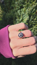 Load and play video in Gallery viewer, Vintage 18ct Gold 13 Blue Sapphires 8 Natural Diamonds Flower Head ring
