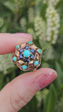 Load and play video in Gallery viewer, 1510: Vintage: 9ct Gold Turquoises Sapphires Cluster Ring- from 1964
