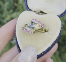 Load and play video in Gallery viewer, 6265 Vintage: 9ct Gold Pink &amp; Green Sapphires Blue Zircon Cocktail Ring
