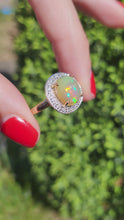 Load and play video in Gallery viewer, 1743: Vintage: 9ct Gold Fire Opal White Sapphires Cluster Ring- fantastic colours

